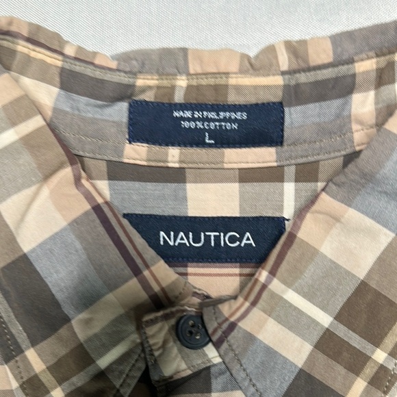 Nautica Beige and Brown Plaid Button Down Shirt - Picture 5 of 10